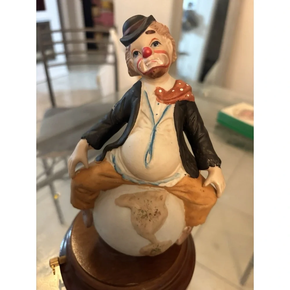 Vintage 1980 Price Products Porcelain Clown Sitting on World Globe Music Box